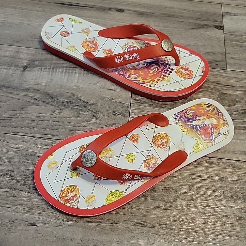 Ed Hardy Tiger Tattoo Style Flip Flops Size 10 NEW‎